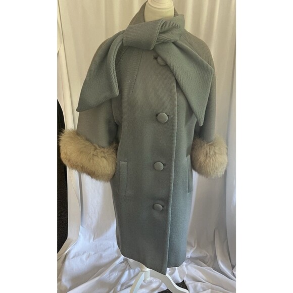 Lilli Ann Jackets & Blazers - Vintage Tissea Paris Pour Lilli Ann MUTED BLU/GRN W/ fur cuffs, 40's,  COAT LARG